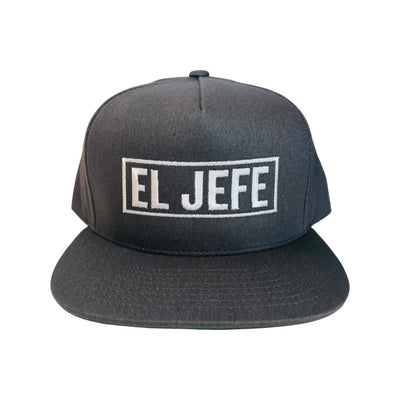 Grey snapback hat with the phrase El Jefe in white lettering