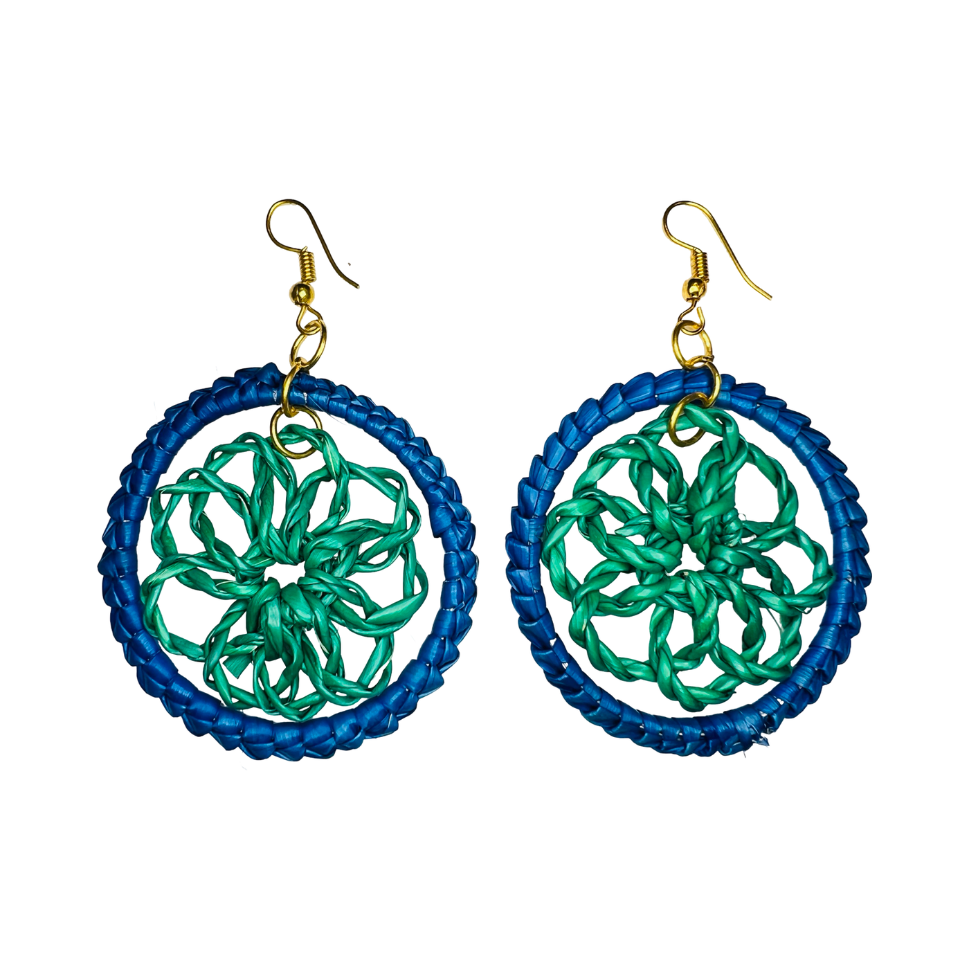 BLUE AND TEAL PALM HOOP EARRINGS WITH A FLORAL DESIGN