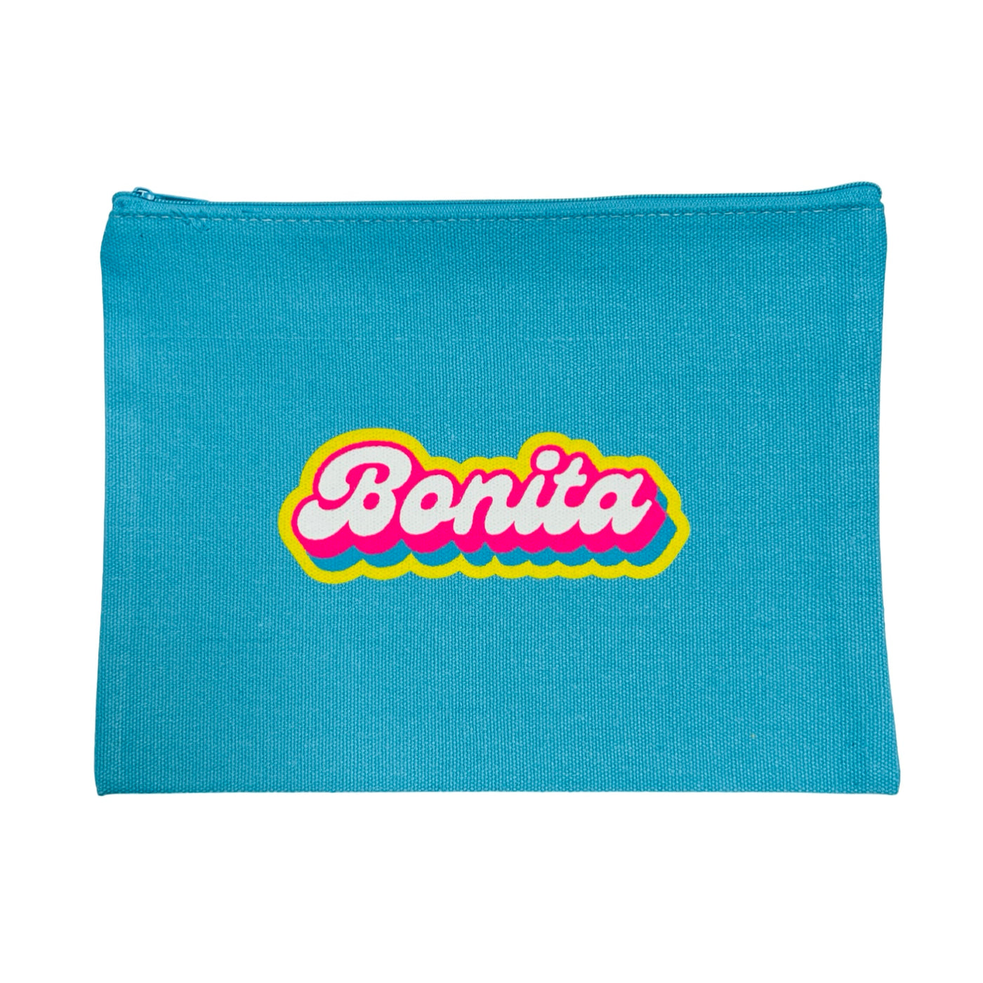 teal canvas zipper pouch with the word Bonita in white, yellow and blue lettering