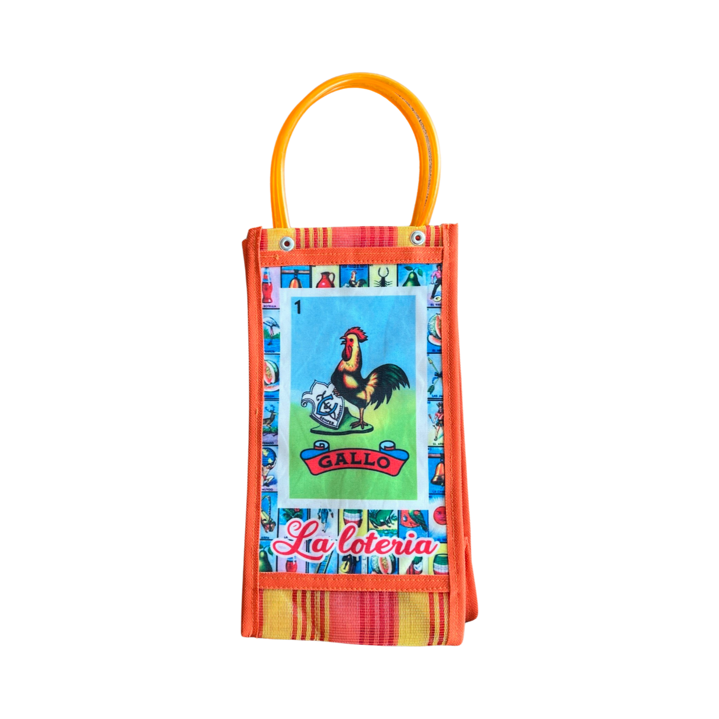 Orange Mexican mesh market bag with an image of the Gallo loteria card.