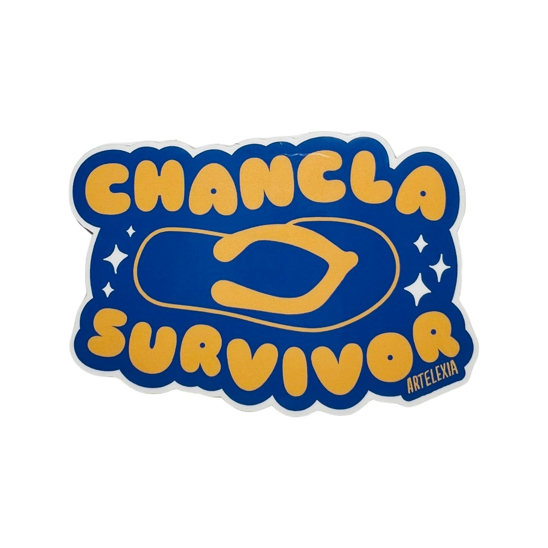 Sticker of an imager of an orange outlined flip-flop with the phrase chancla survivor in orange lettering and a blue background