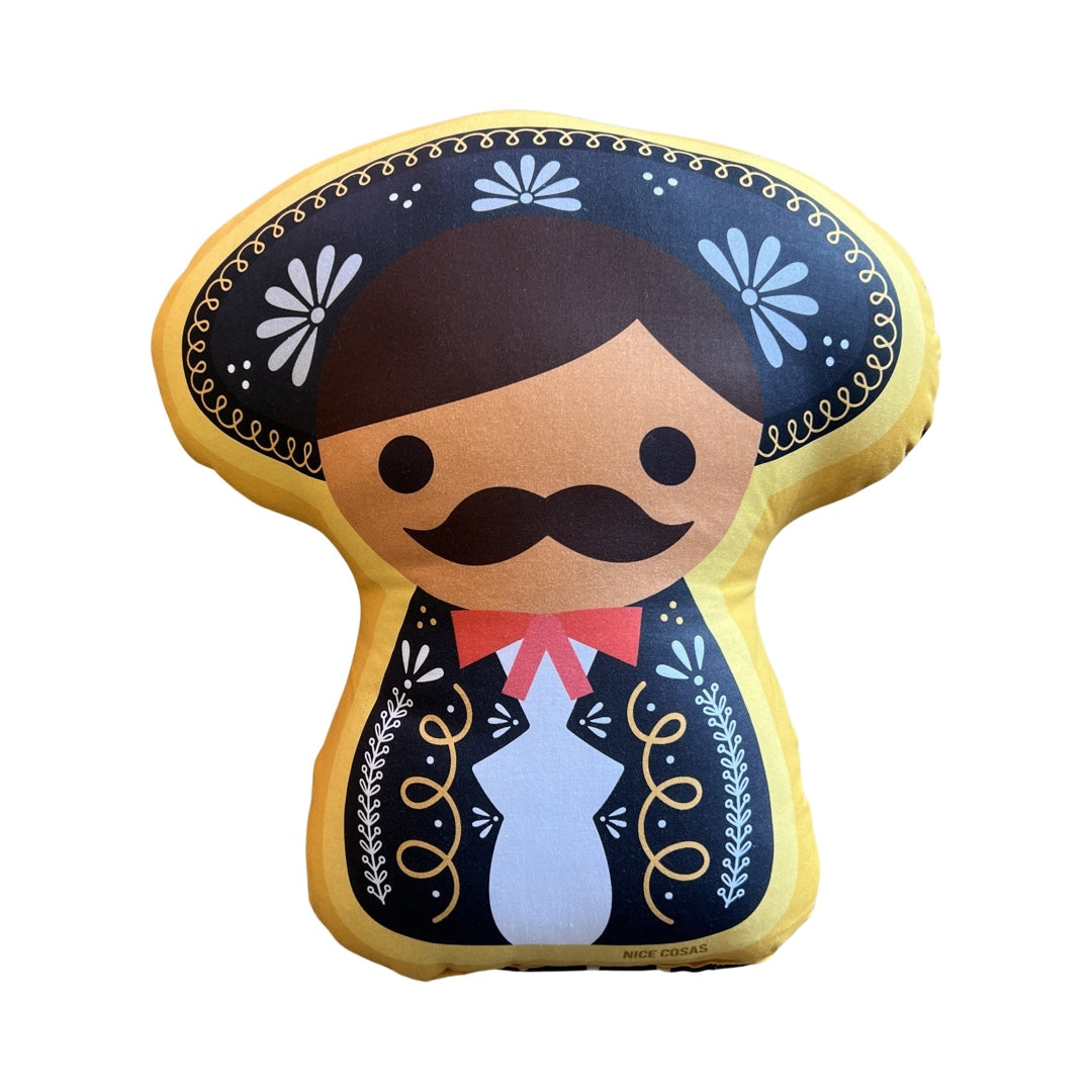 Pillow with an image of a Maricahi wearing a black mariachi suit.