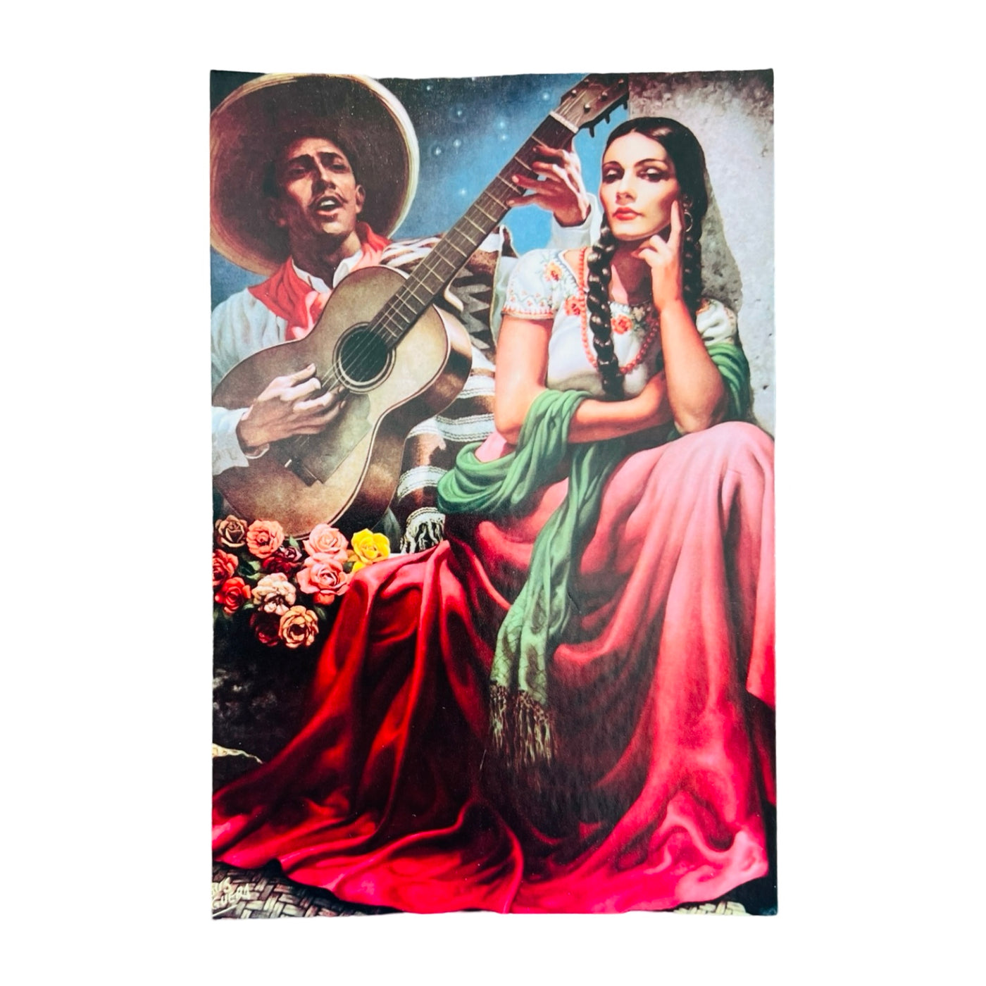 illustration of a man seranading a Mexican woman with his guitar