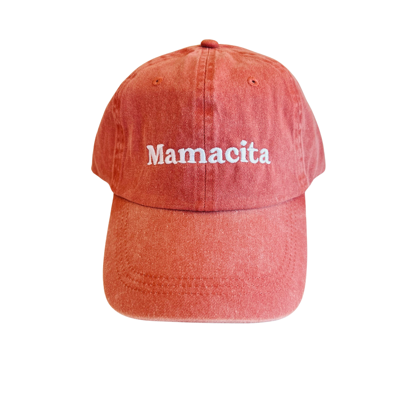coral hat with the word Mamacita in white lettering