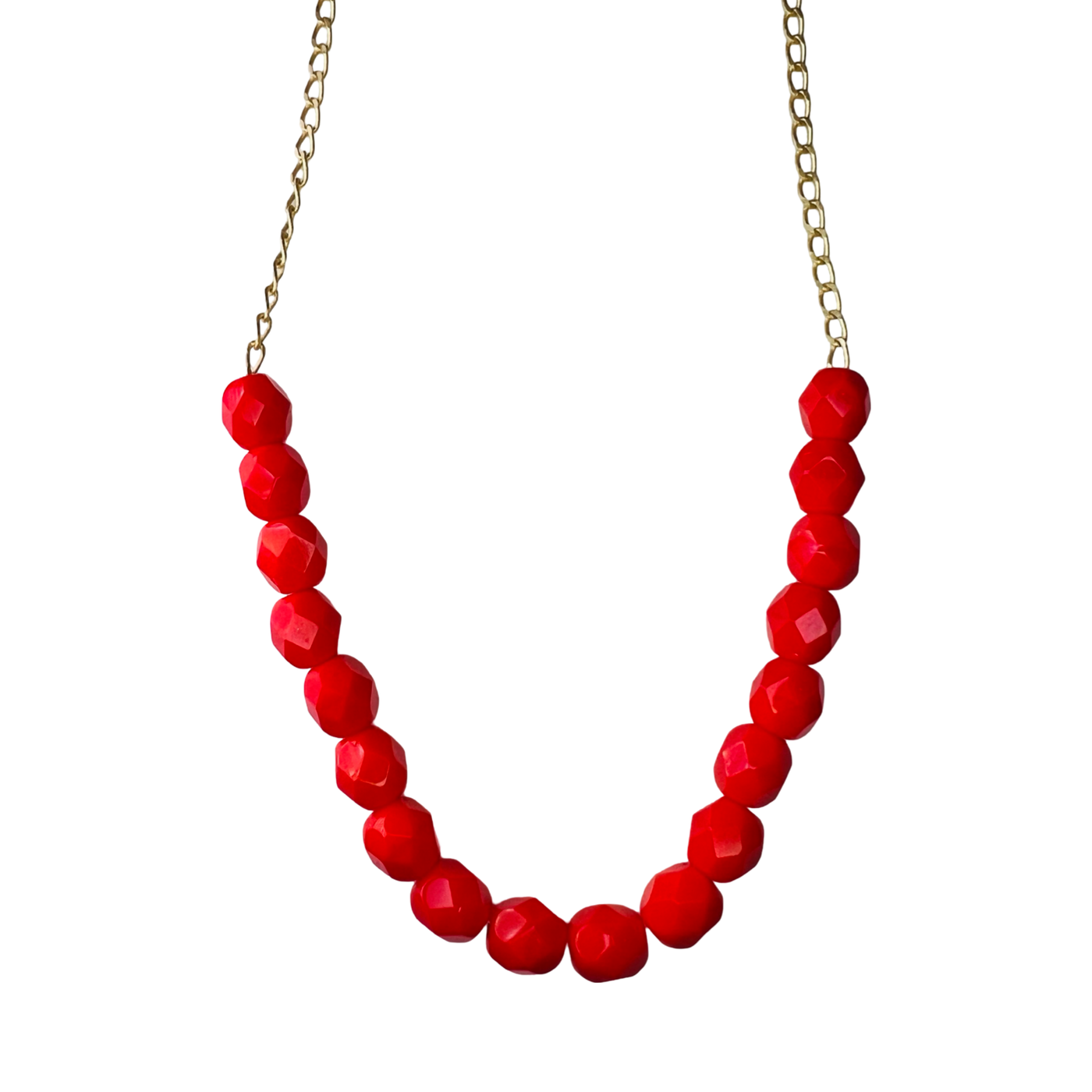 red bead necklace with a gold chain