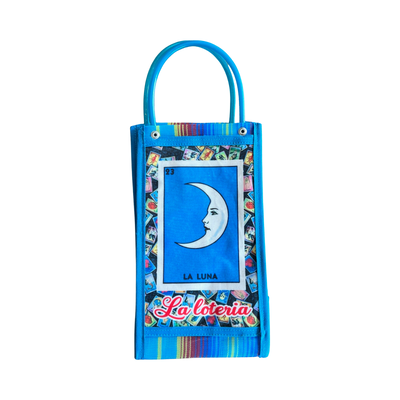 Blue Mexican mesh market bag with an image of the La Luna loteria card.