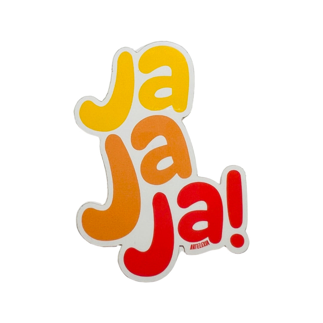 Sticker with the phrase Ja Ja Ja in orange, yellow and red lettering with a white background.