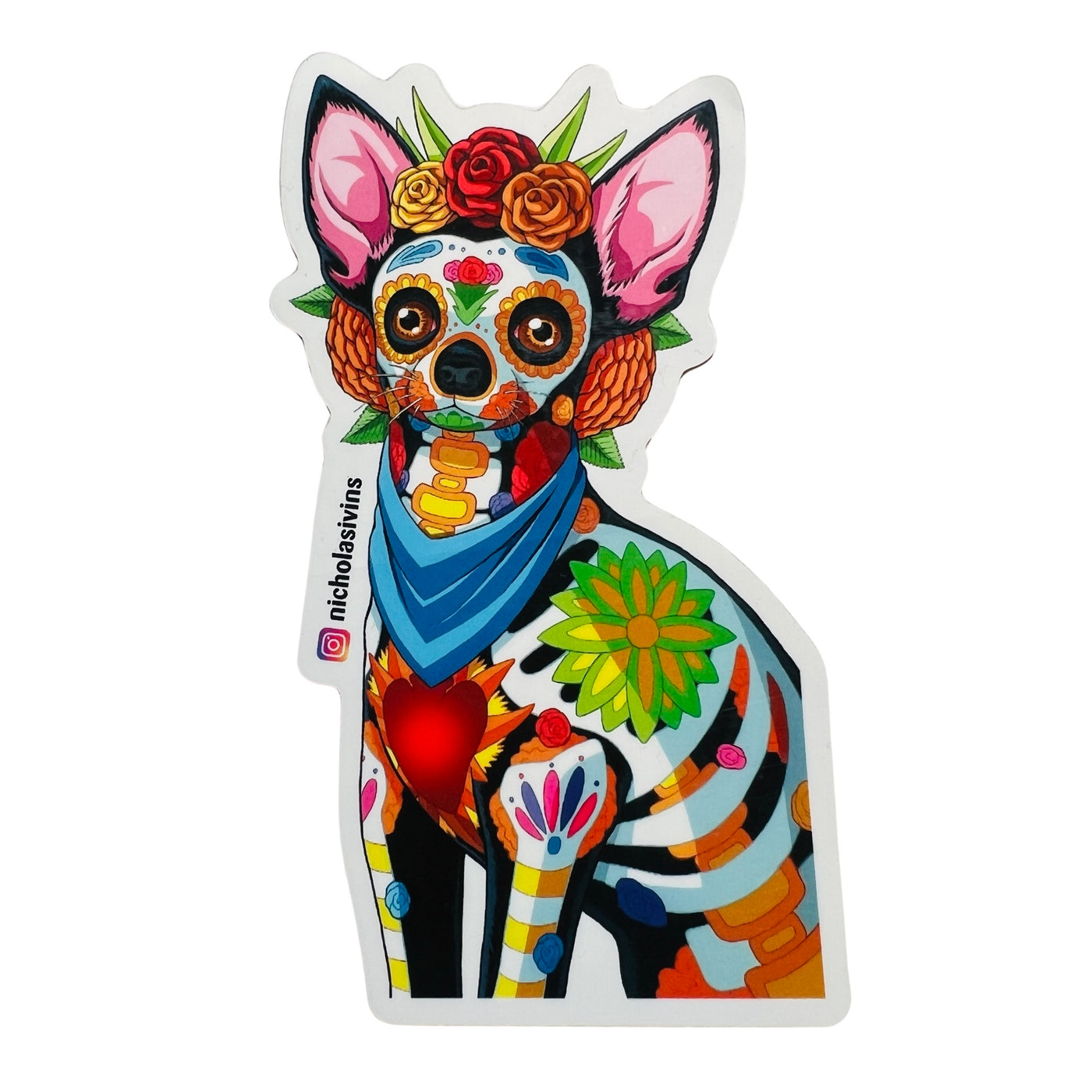  a chihuahua dog painted in traditional calavera paint and wearing a flower crown.