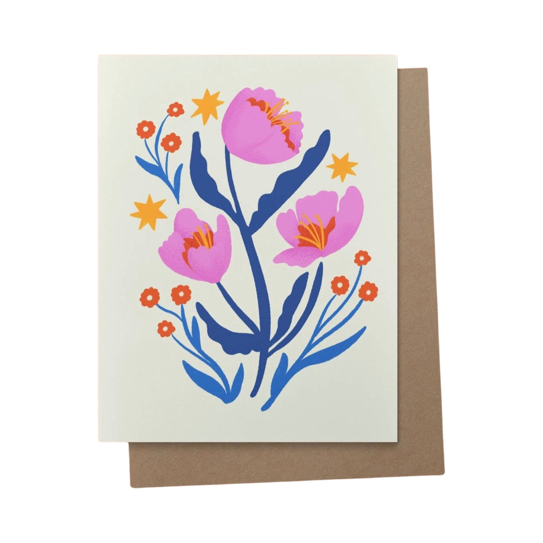White card that features pink and orange flowers with blue stems