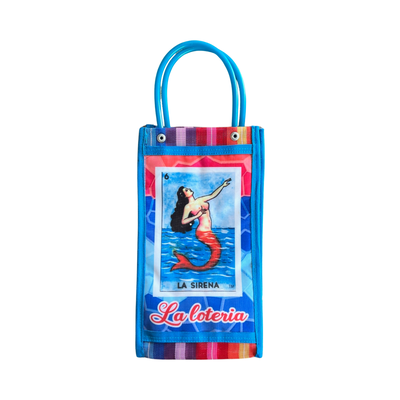 Blue Mexican mesh market bag with an image of the La Sirena loteria card.