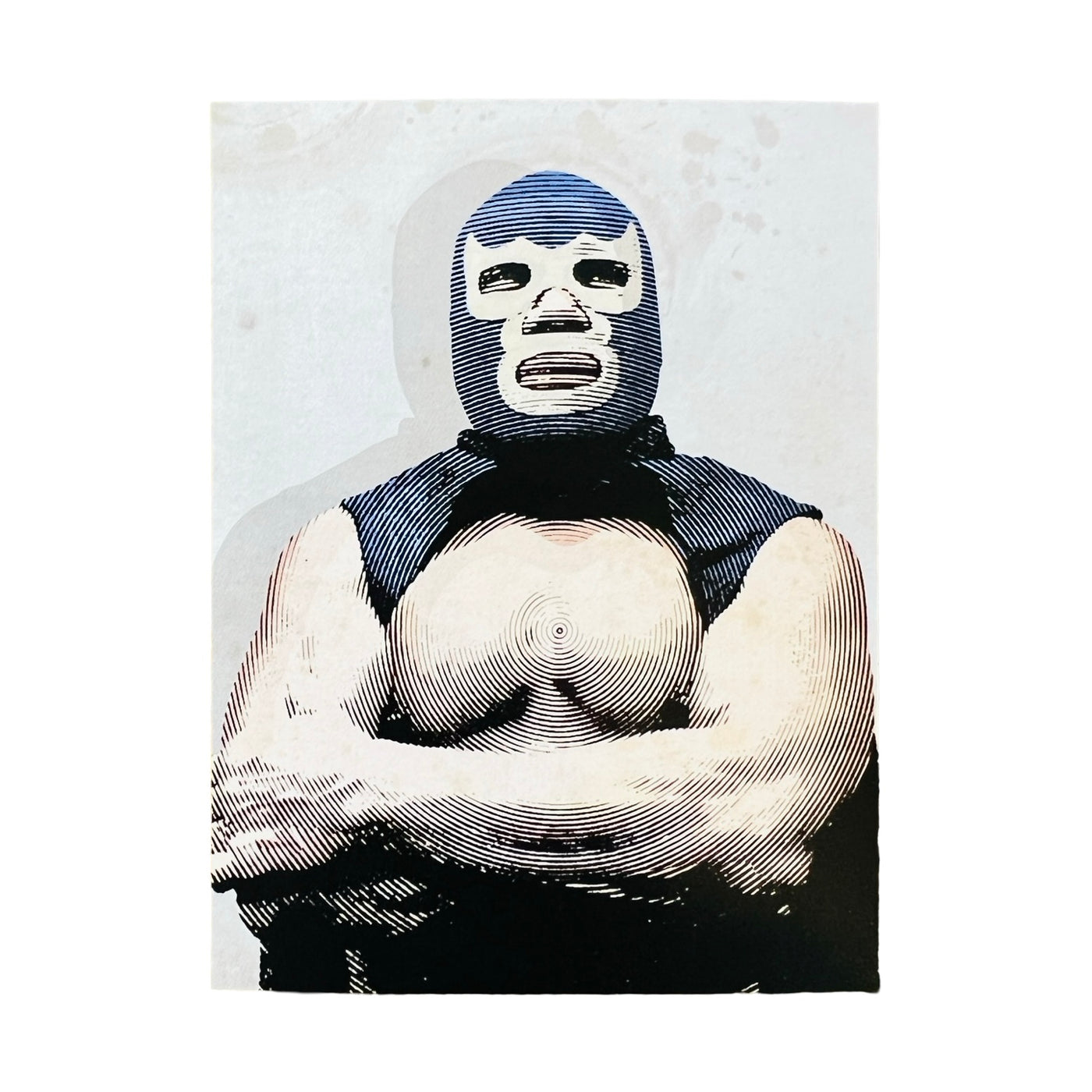 rectangle sticker with an image of the Mexican luchador blue demon with his arms crossed.