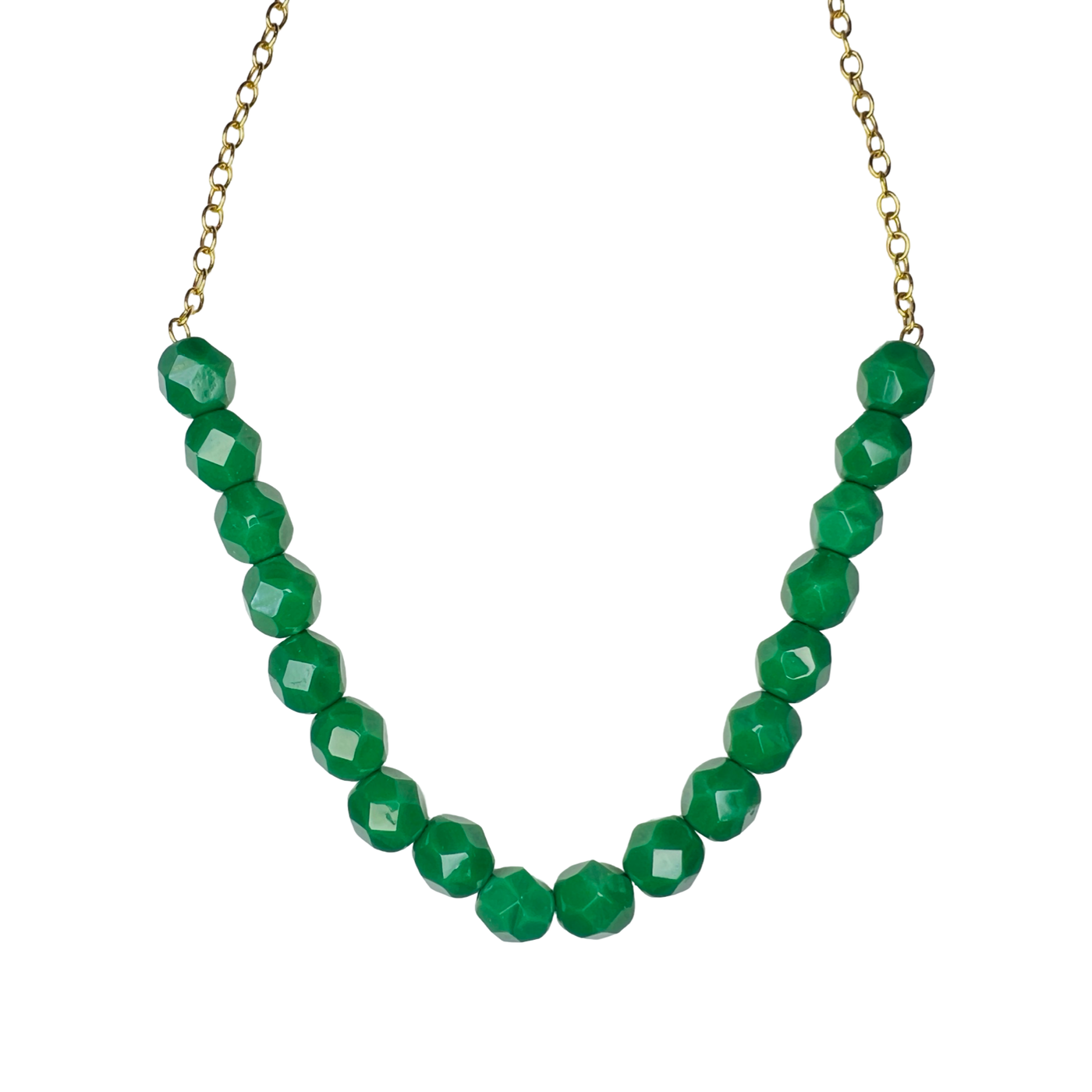 Green bead necklace with a gold chain