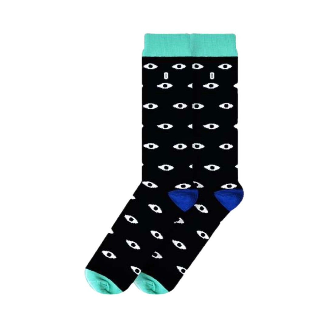 Black pair of socks with an eye pattern and features an aqua band on the top of the sock.