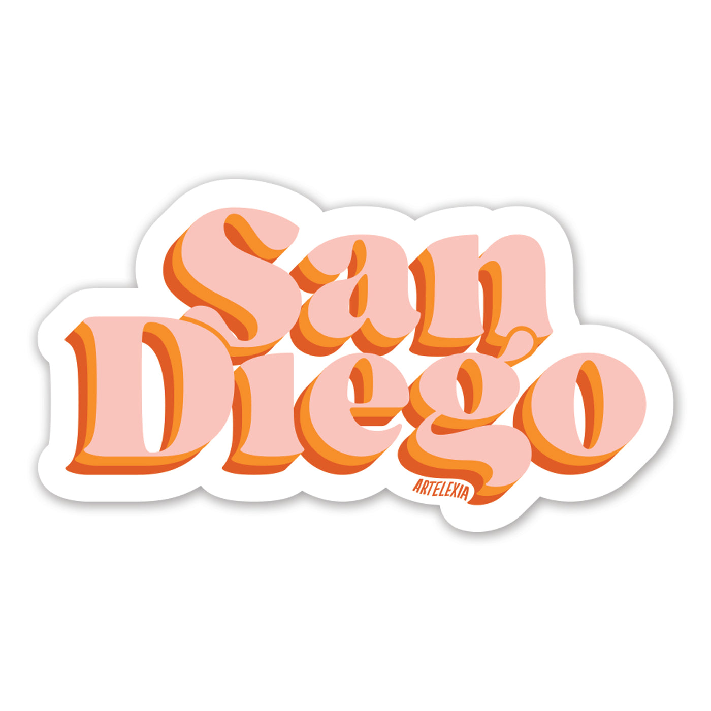 The word San Diego in a light pink color with a sienna and red outline.