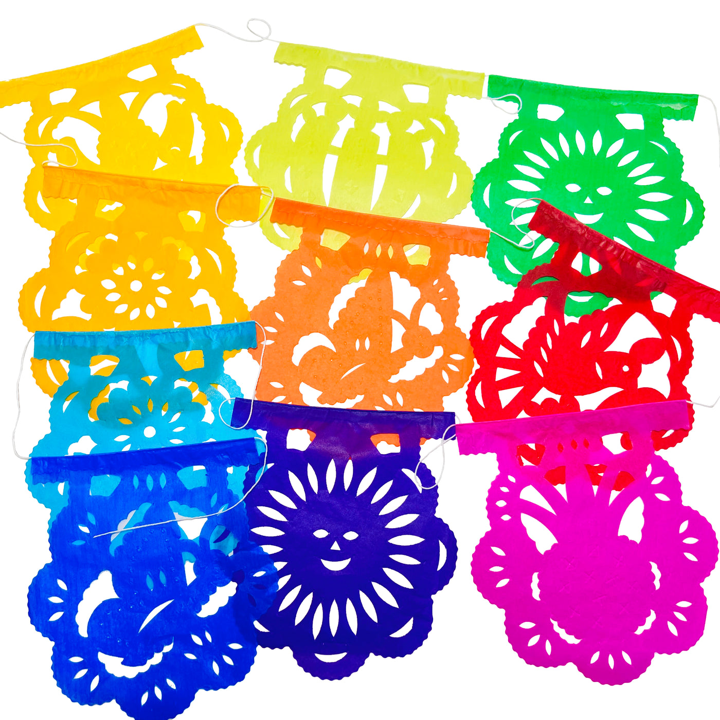 multicolor round papel picado tissue paper flags attached to a white string with various designs including but not limited to flowers, suns, cactus, birds, pineapples, & butterflies