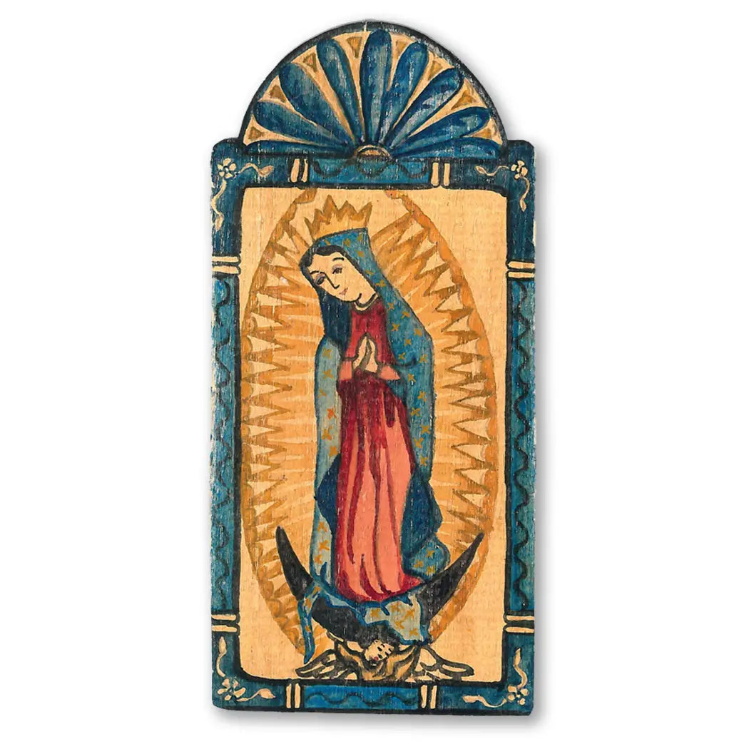 small wooden retablo with an image of the Virgin Mary
