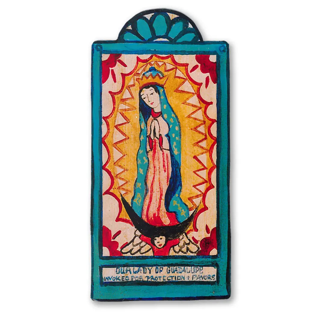 small wooden retablo with an image of the Virgin Mary