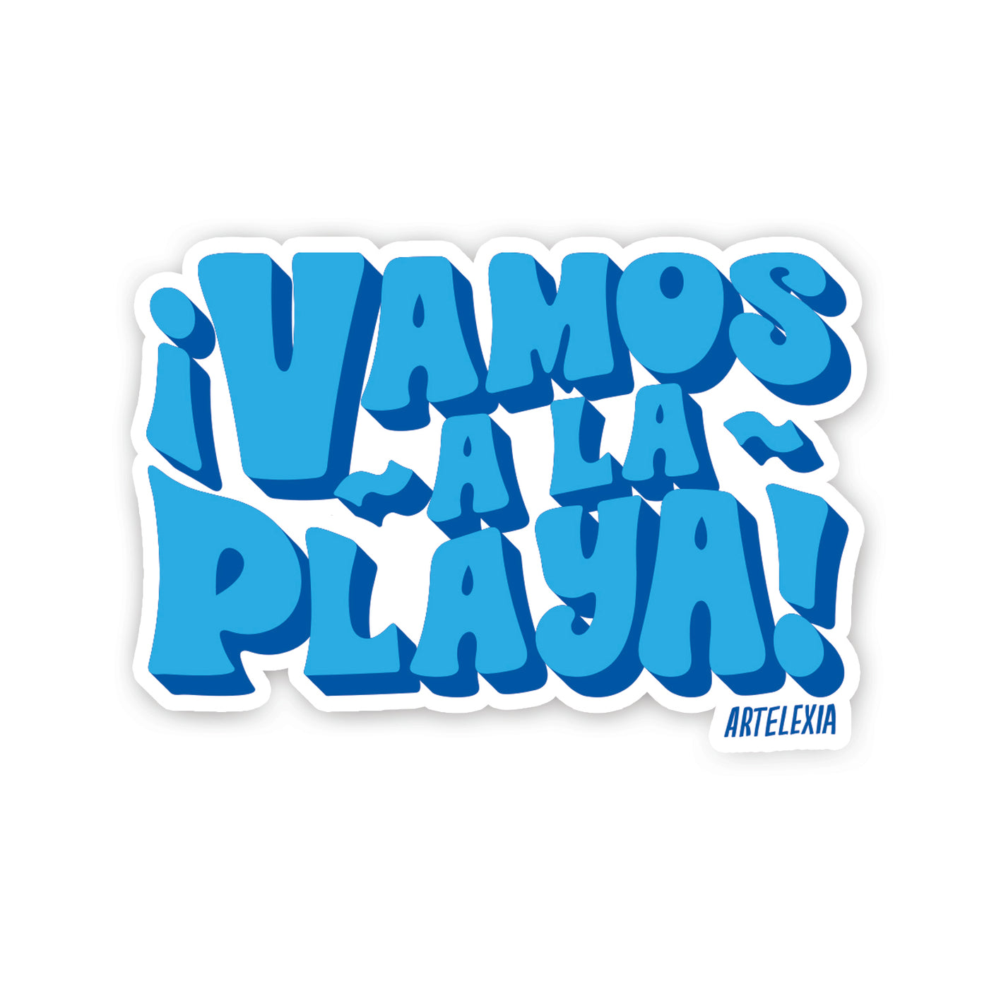 White sticker with the phrase Vamos A La Playa in blue bubble lettering