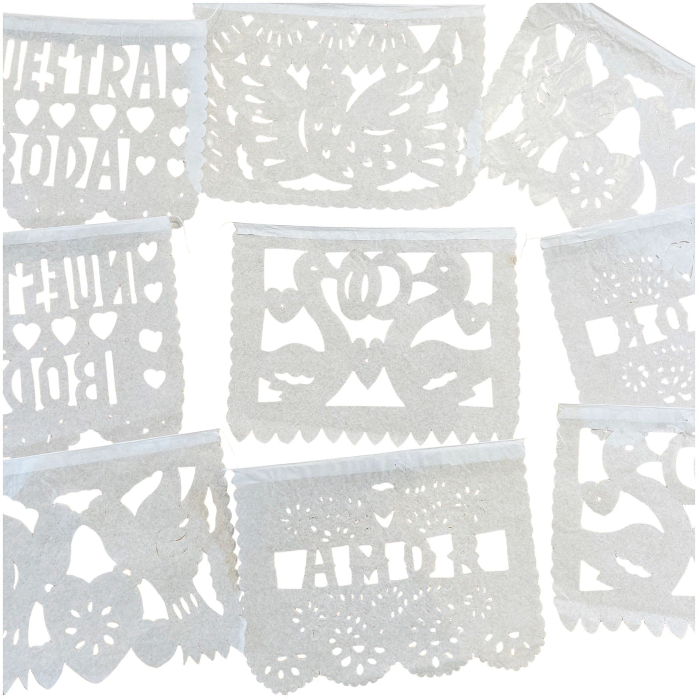 rectangle white papel picado with various wedding themed designs such as love doves, swans with wedding rings, phrases like Amor and Nuestra Boda