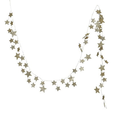 A shimmering gold star garland featuring glittery stars of varying sizes, strung together on a delicate wire, perfect for adding sparkle to holiday or celebratory decor.