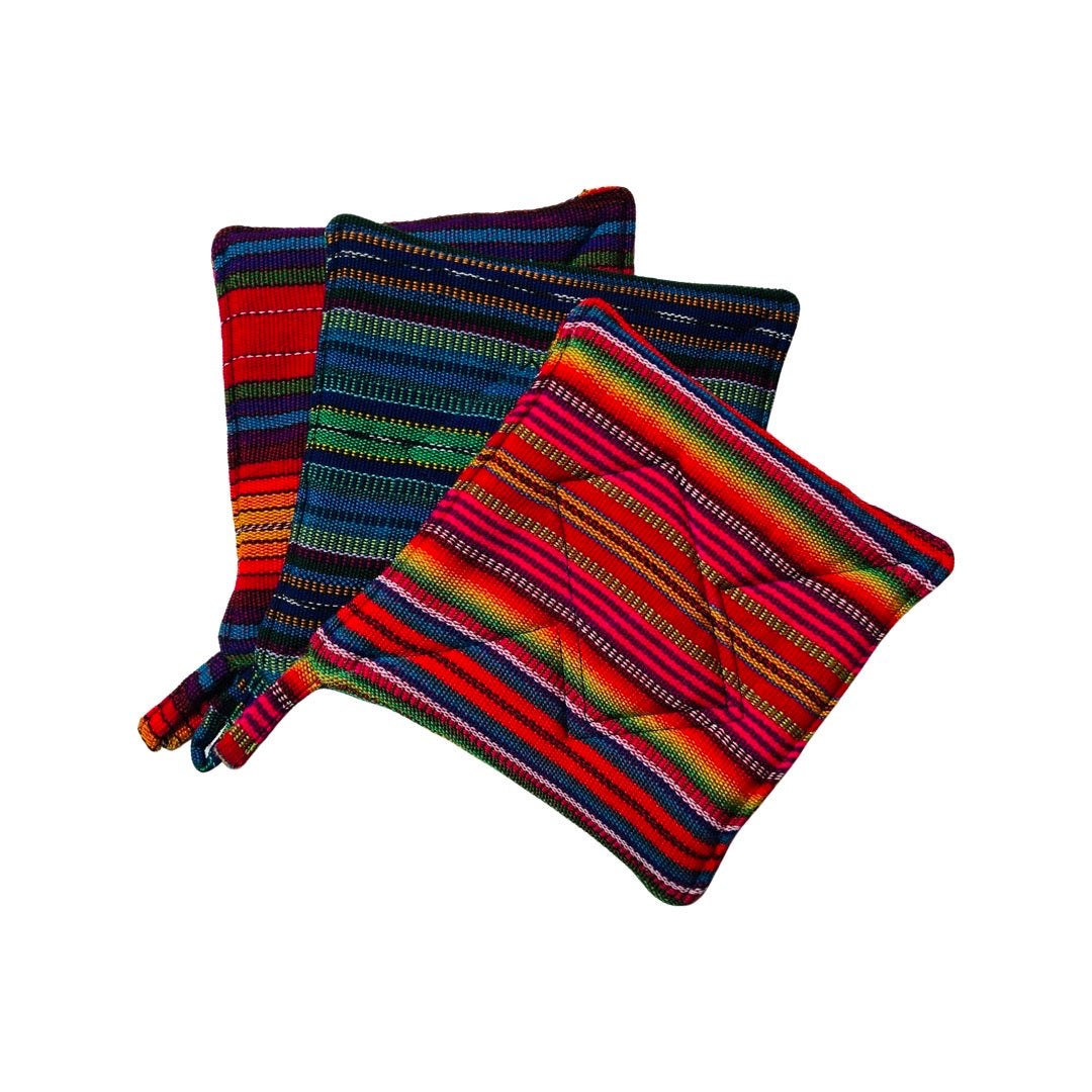 Colorful cotton fiesta pot holders. Design features multicolored stripes. 