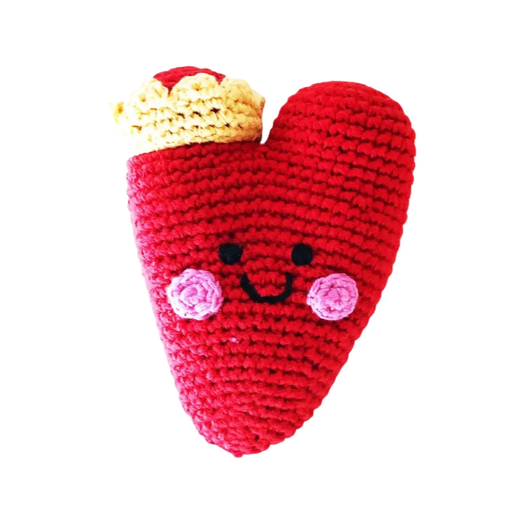 Red crochet heart rattle featuring a crown and a smiley face.