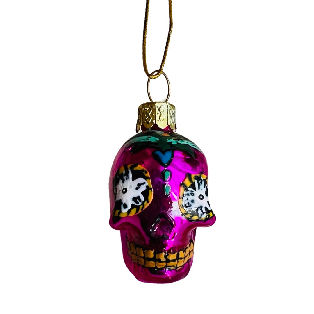 Hand-painted mini glass Sugar Skull ornament in purple.