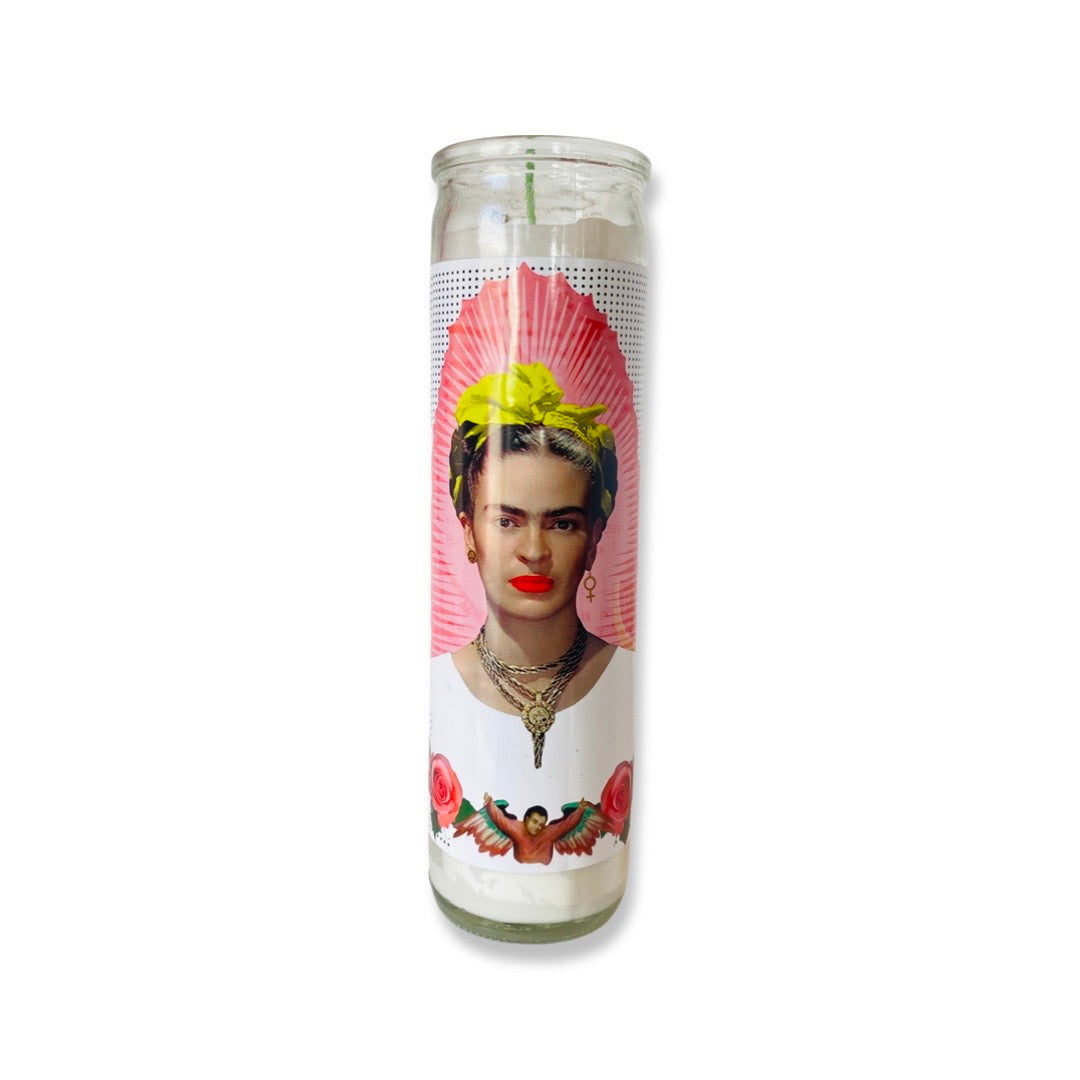 Tall glass prayer candle featuring Frida Kahlo.