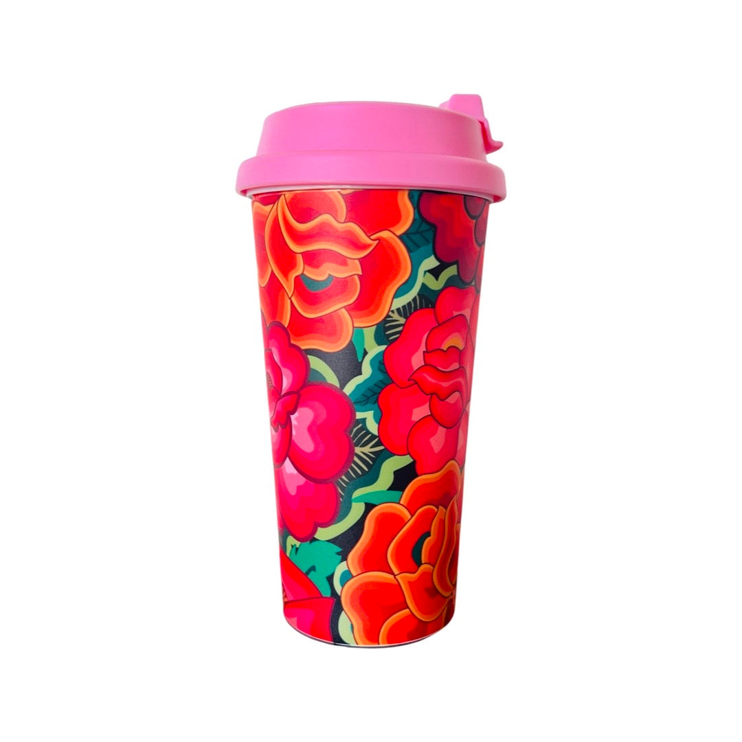 Tehuana tumbler featuring red roses with pink lid. 