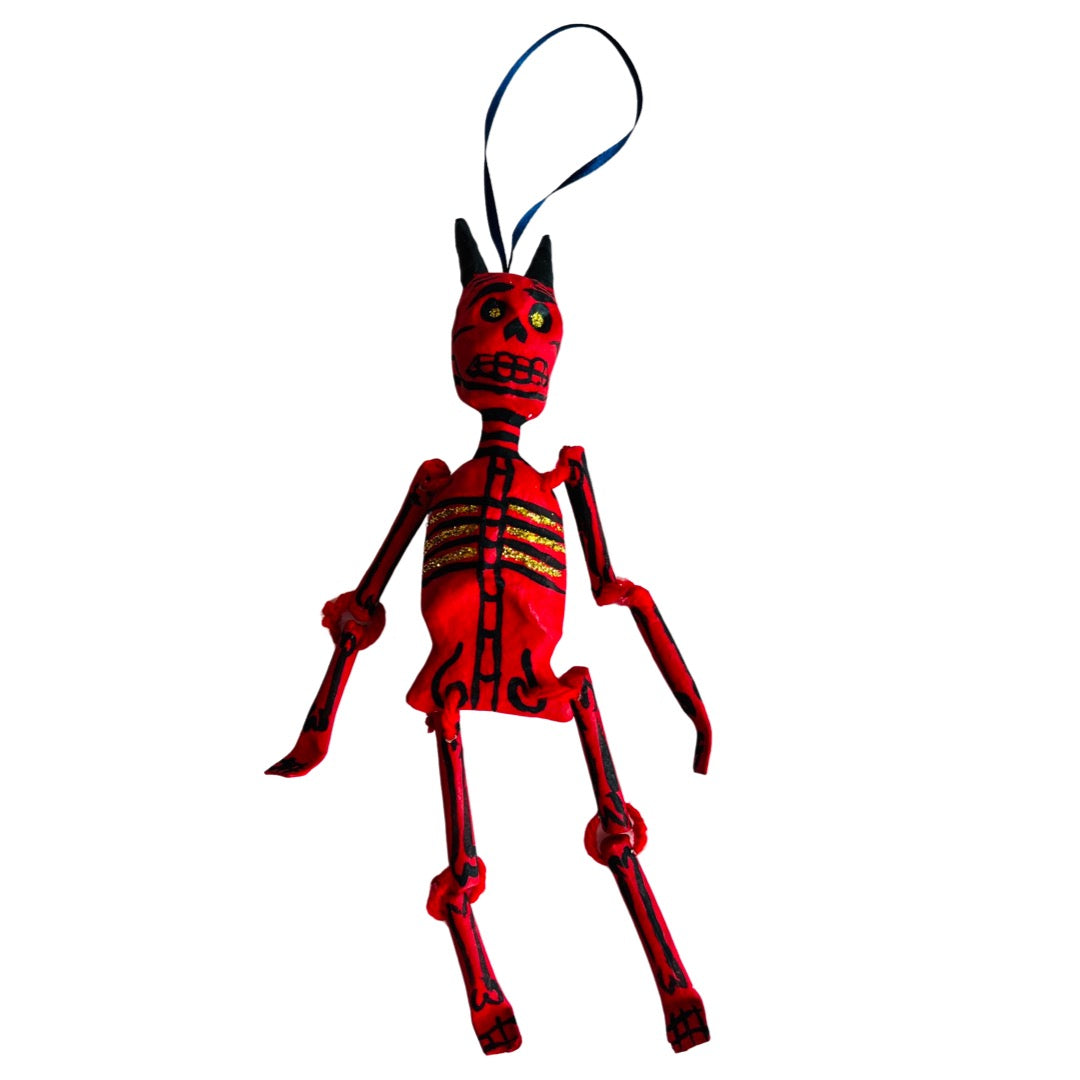 Paper Mache Diablito (devil) with movable arms and legs. Features colored glittered eyes and ribs.