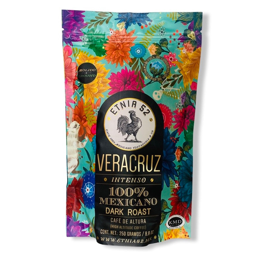 front view of Cap Cafe Mexican Coffee-Veracruz in branded plastic pouch with a Ziploc style closure.