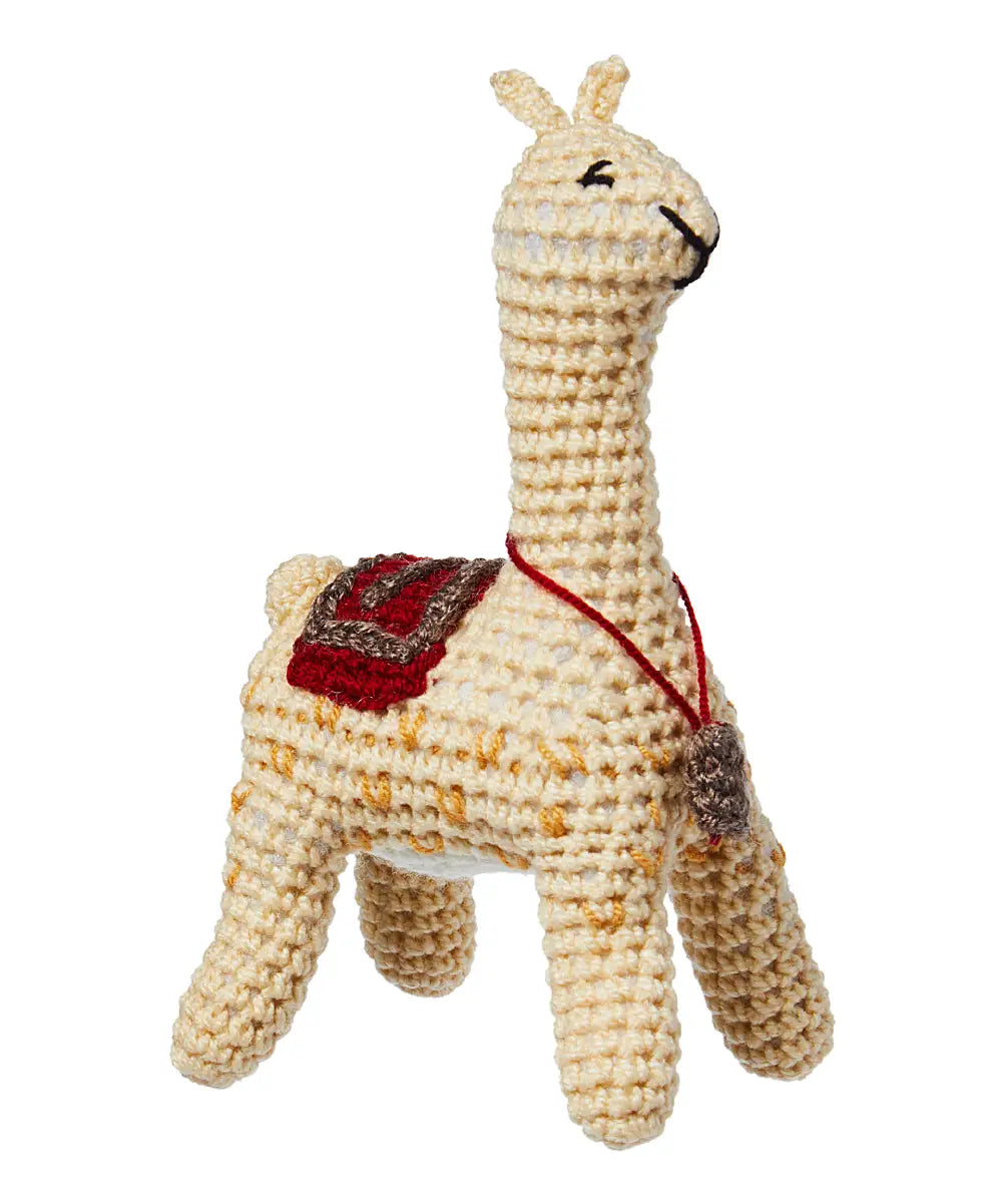 Hand-crocheted creme colored llama rattle with red saddle and gold accents.