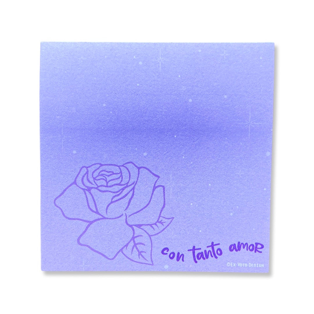 Con Tanto Amor purple sticky notepad. Design features rose.