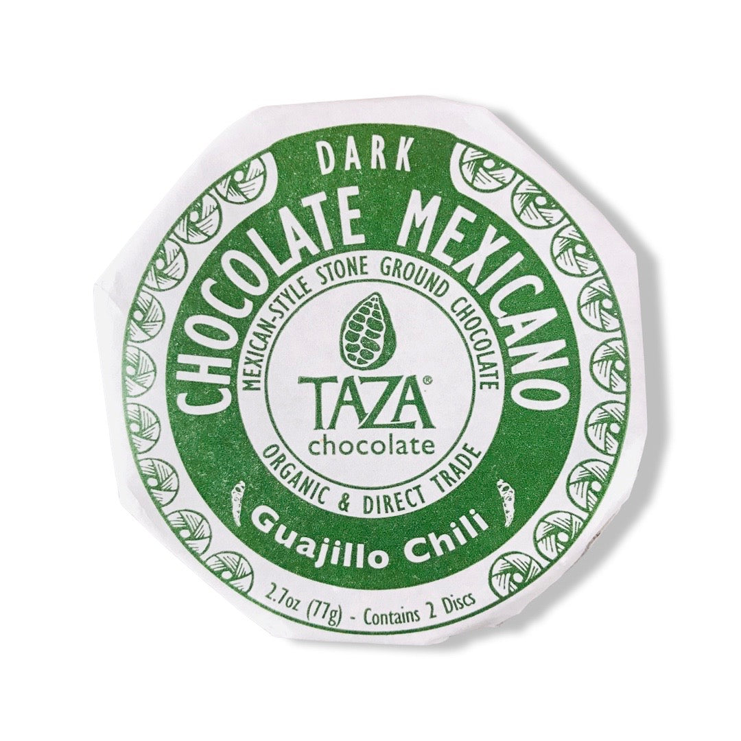front view of Taza Chocolate Mexicano Disc - Guajillo Chili in branded packaging. 