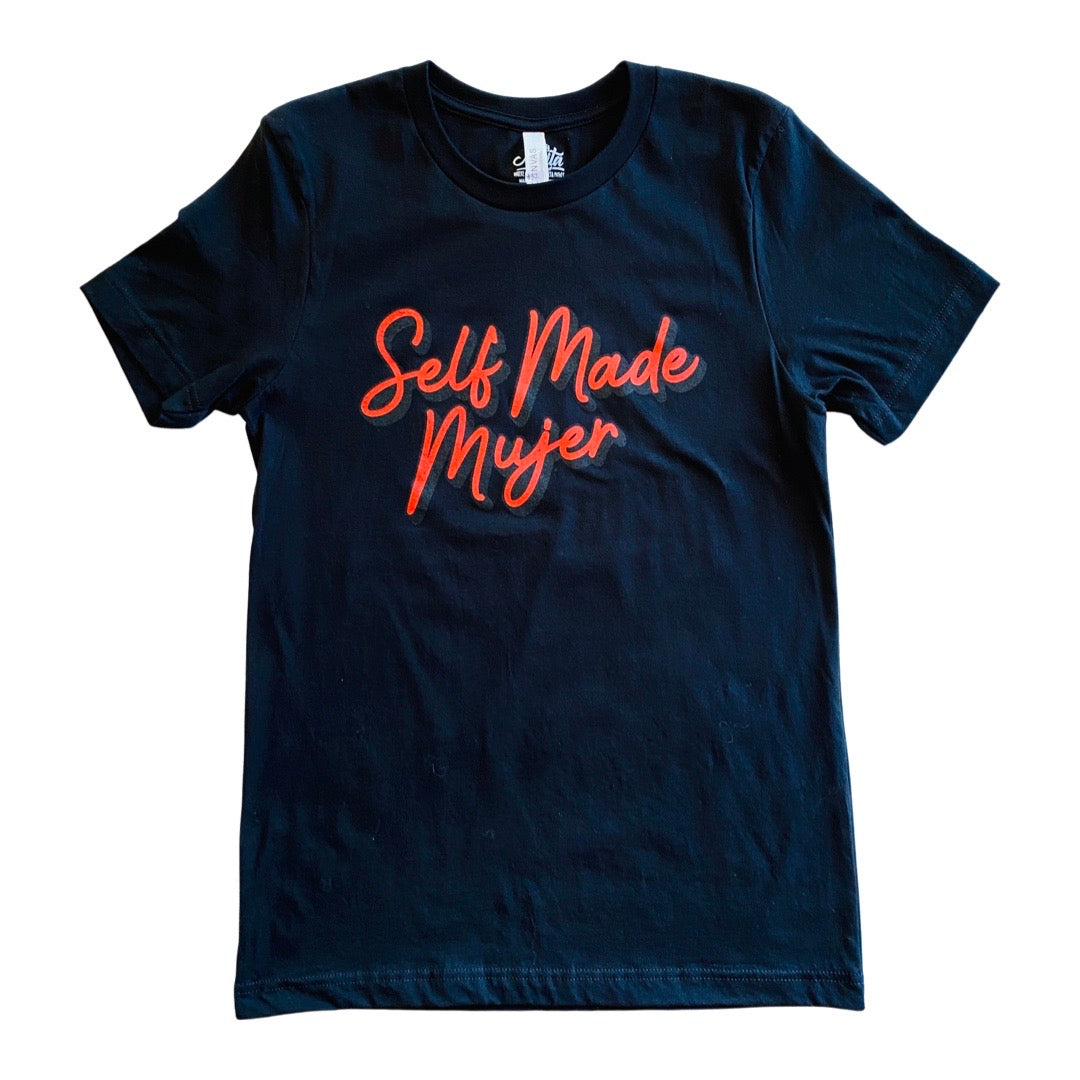 Black, "Self Made Mujer" phrase t-shirt with red detail.
