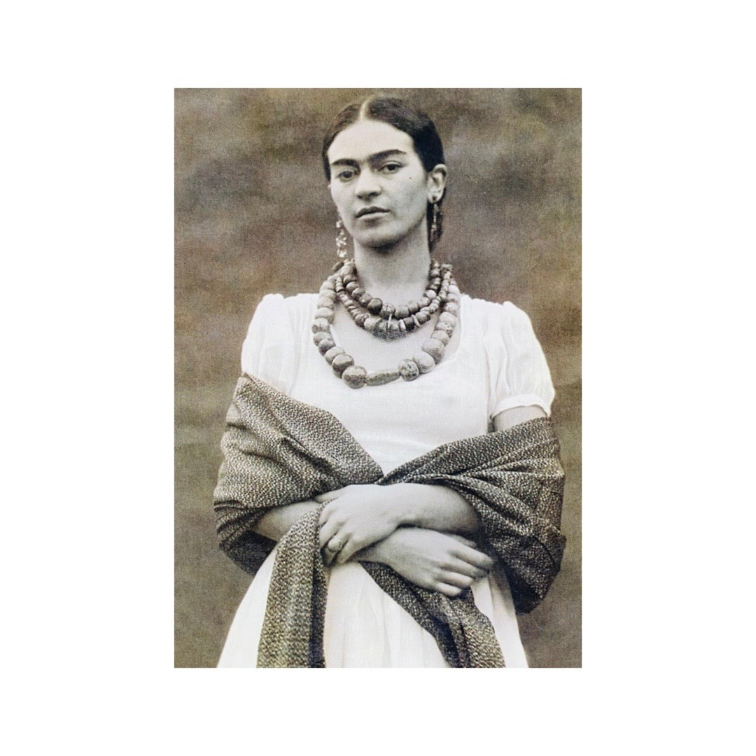 Vintage black & white photograph of Frida Kahlo postcard.