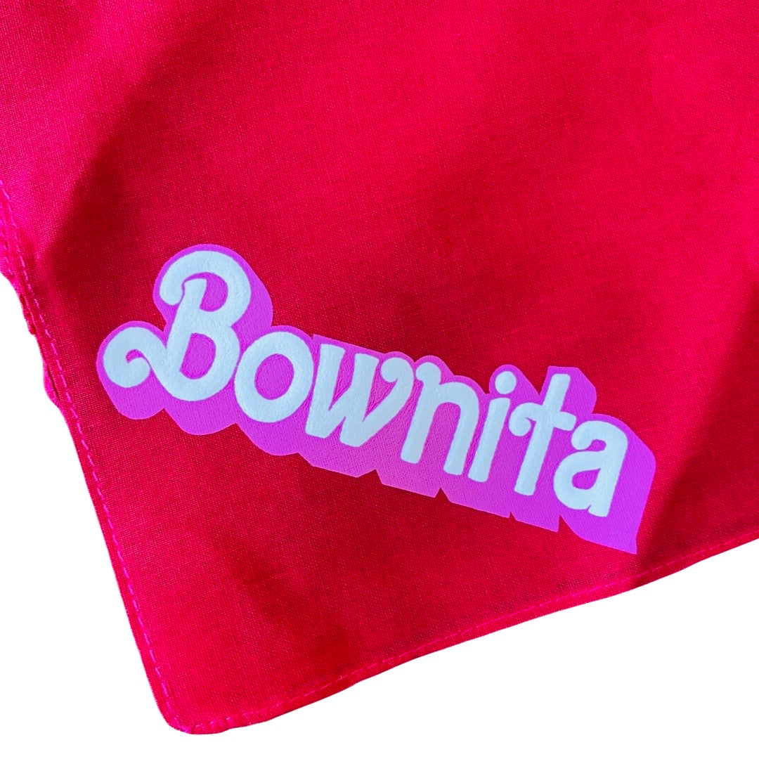 Up close view of "Bownita" bright pink dog bandana.