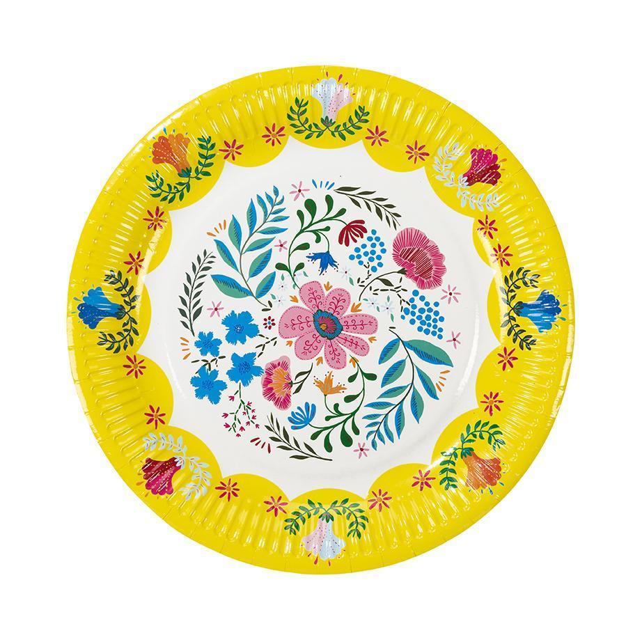 Top view of our floral paper plates. Plates have a yellow border. The design printed on the plates is an illustration of colorful flowers and foliage