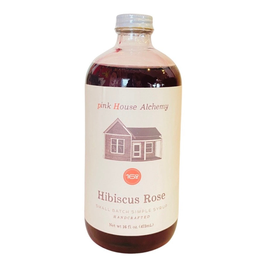 Hibiscus Rose Simple Syrup in branded glass bottle with cap. 