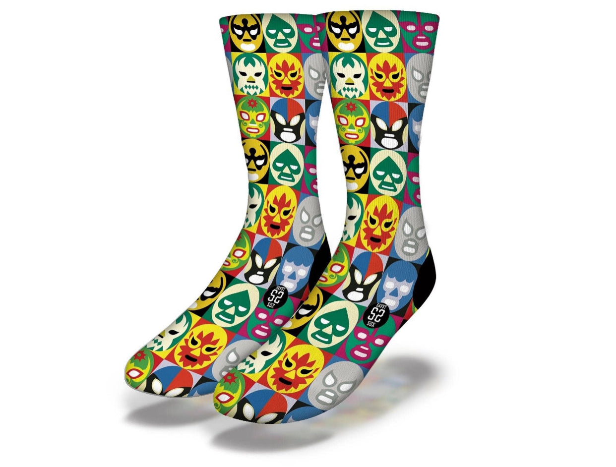 Men's mid calf lucha libre socks. Design features a multicolored lucahdor pattern.