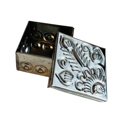 Top view of a Square Hammered Tin Trinket Box featuring a floral design with the lid open.