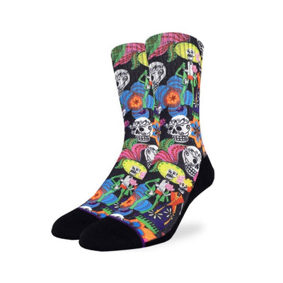 Men's calavera socks. Design features colorful calaveras and skeletons with black accents.