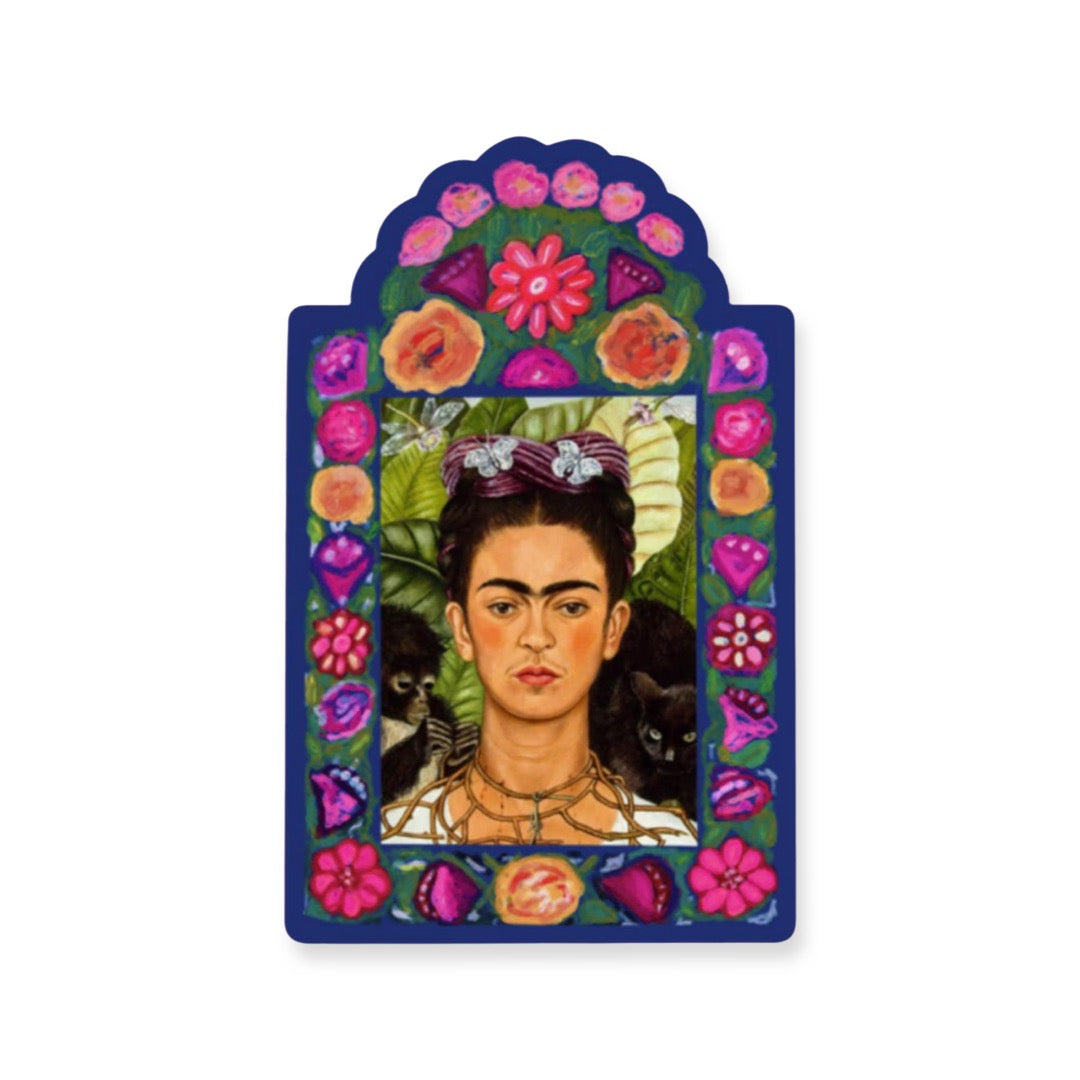 Sticker of a frame with an arch on top and features a border of various flowers. The center has an image of Frida Kahlo with a monkey and a cat on her shoulders.