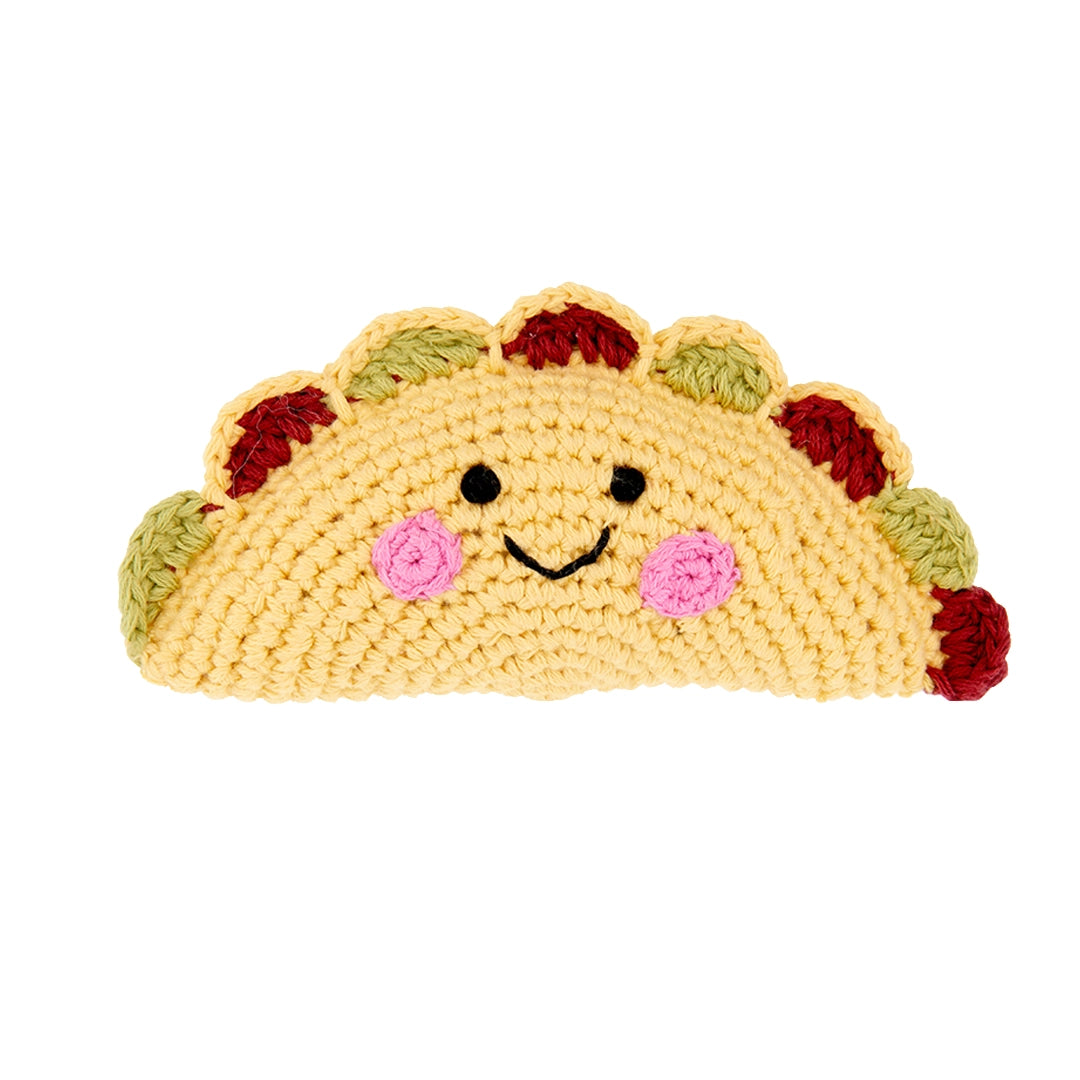 Friendly, smiling taco rattle.