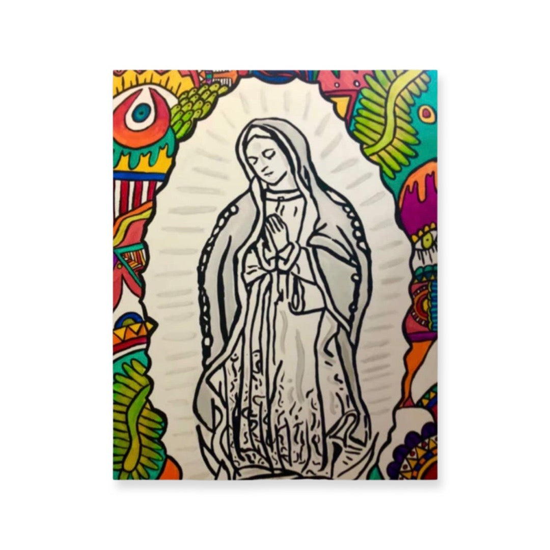 Sticker with a black outline of the Virgin Mary in the center bordered with abstract art of various colors.