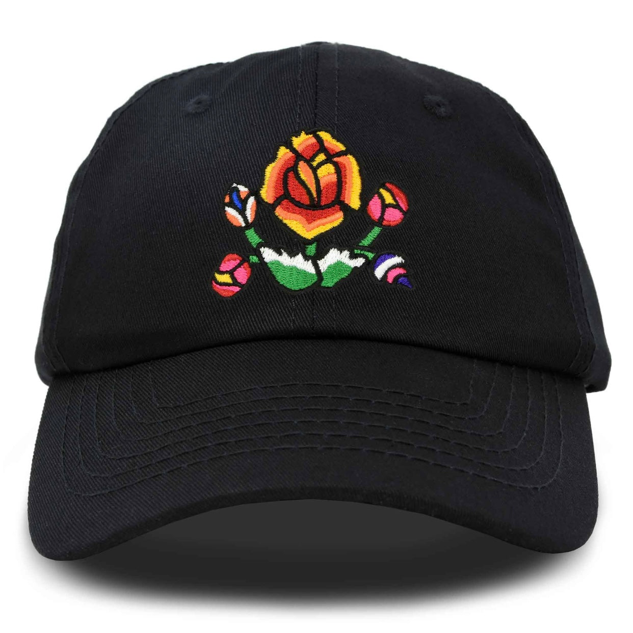 Colorful floral embroidered cap in black.