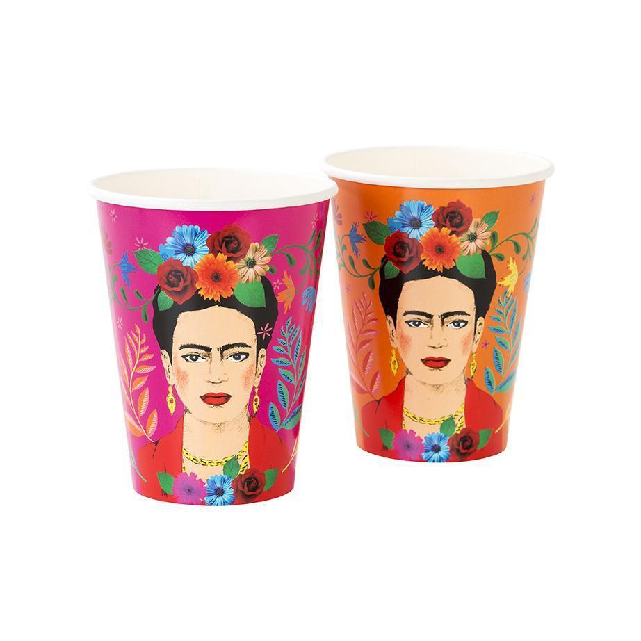 2 empty Frida paper cups. Both designs feature an illustration of Frida Kahlo's face as well as illustrations of colorful flowers and foliage