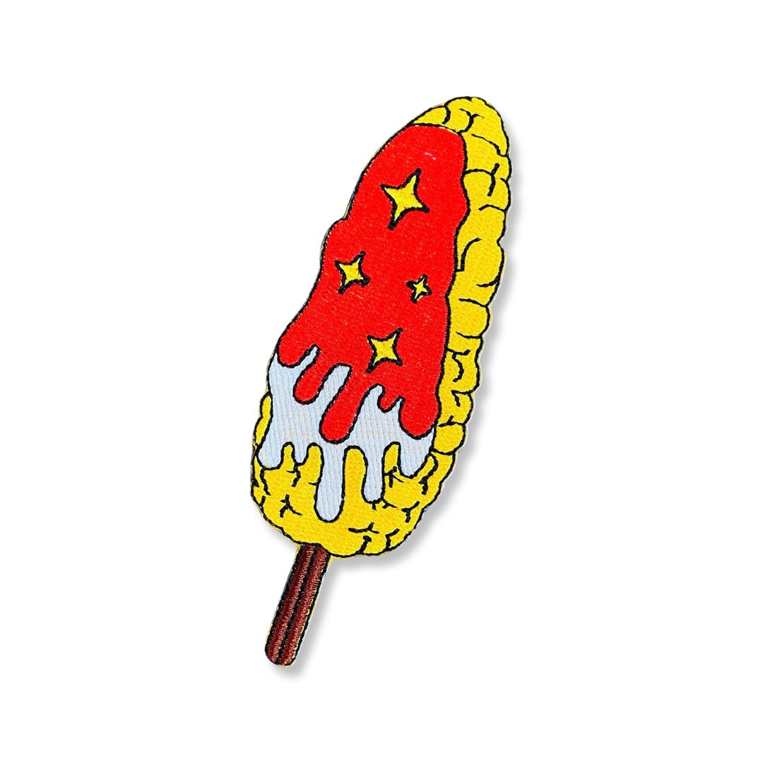 Hot cheeto elote (corn on the cob) iron on patch.
