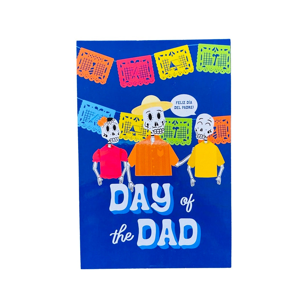Day of the Dad fathers day postcard. Design features colorful papel picado and skeletons.