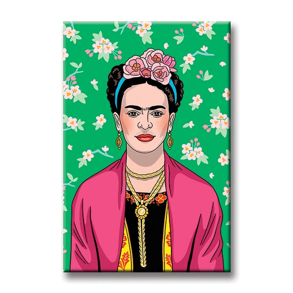 Frida Kahlo with a pink shawl and pink flower crown in front of a green floral background.